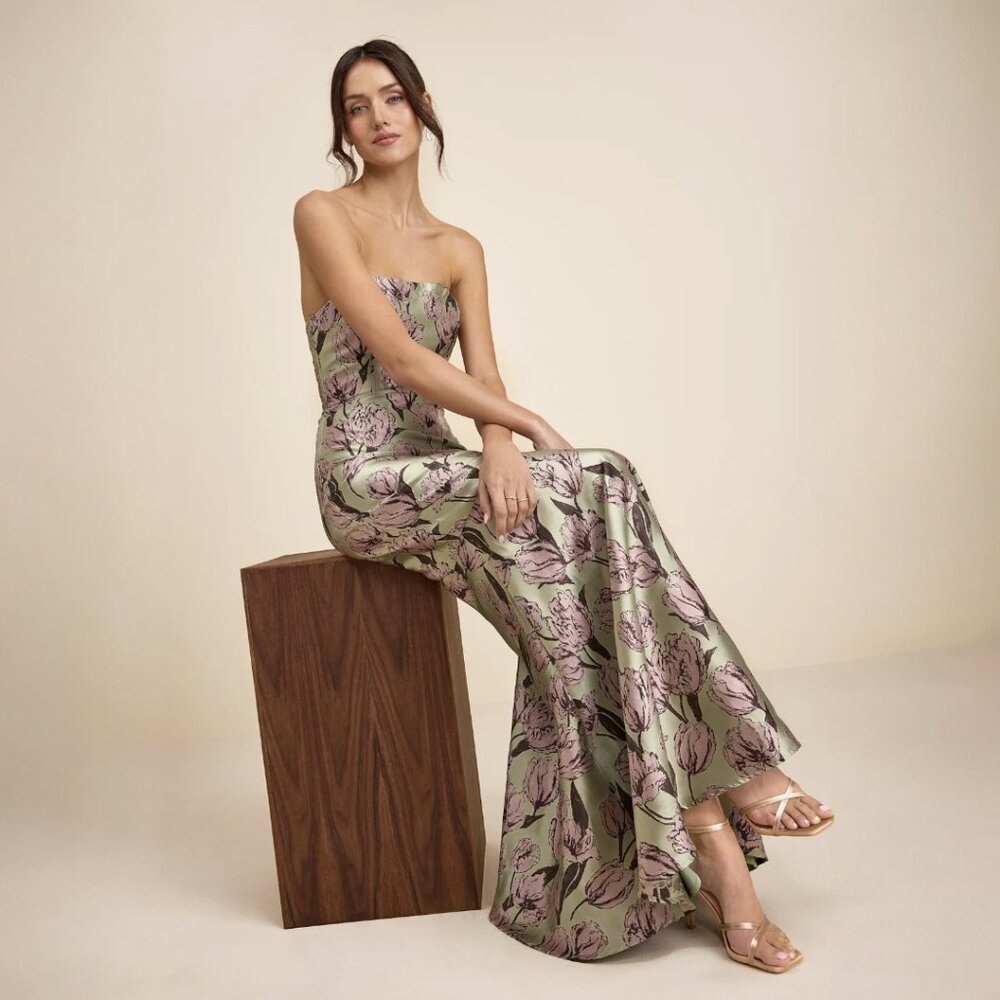 Lulu's Strapless Floral Maxi Dress in Sage Green and Blush